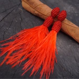 Statement earrings from Colombia made with the Miyuki technique and feathers.